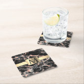 ブラック&バラ金ゴールド大理石金ゴールドボックス、名前&モノグラム スクエアペーパーコースター (インサイチュ)