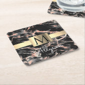 ブラック&バラ金ゴールド大理石金ゴールドボックス、名前&モノグラム スクエアペーパーコースター (アングル)