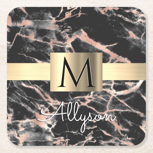 ブラック&バラ金ゴールド大理石金ゴールドボックス、名前&モノグラム スクエアペーパーコースター (正面)
