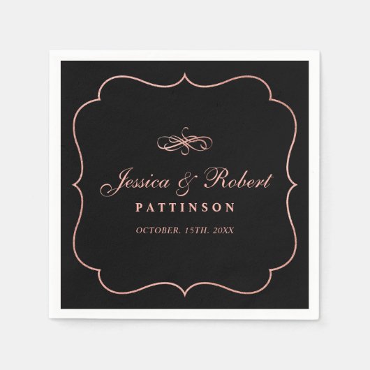 ブラック&バラ金ゴールド |エレガントクラシックのナ結婚プキン スタンダードカクテルナプキン (正面)