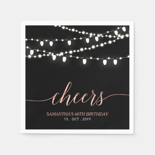 ブラック&バラ金ゴールド |大人エレガントの誕生日パーティー スタンダードカクテルナプキン (正面)