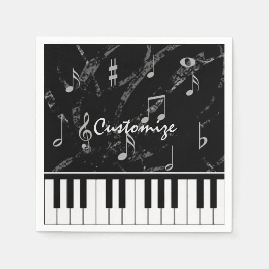 ブラック&パーソナライズされたホワイトピアノ音楽ナプキンス スタンダードカクテルナプキン (正面)