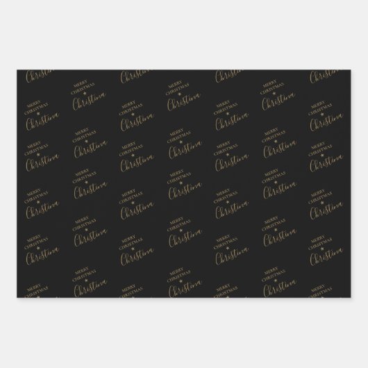 ブラック&パーソナライズされた金ゴールドクリスマスプレゼント ラッピングペーパーシート (正面)