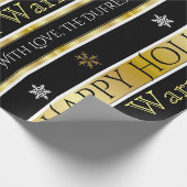 ブラック&パーソナライズされた金ゴールドクリスマス ラッピングペーパー (角)