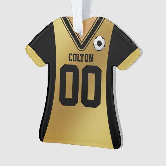 ブラック/パーソナライズされた金ゴールドサッカージャージー オーナメント (正面)