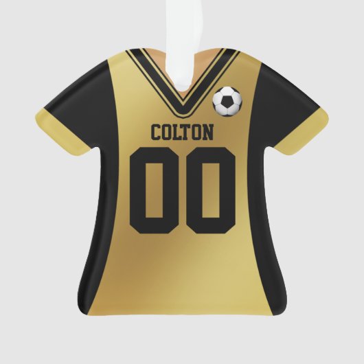 ブラック/パーソナライズされた金ゴールドサッカージャージー オーナメント (正面)