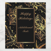 ブラック&パーソナライズされた金ゴールドポインセティアス&ホリー ワインラベル (シングルラベル)