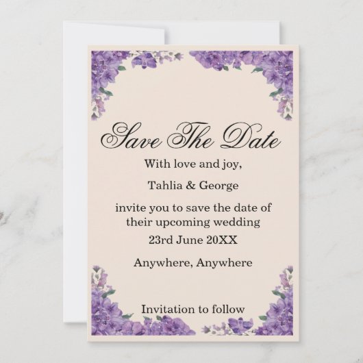 ブラック&パープルのジャカランダの花 結婚式の予定をお知らせするカード 招待状 (正面)