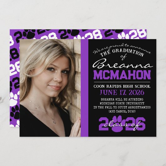 ブラック&パープルのポープリント卒業発表 招待状