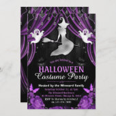 ブラック&パープルウィッチ&きらめくカーテンハロウィーン 招待状 (正面/裏面)