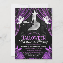 ブラック&パープルウィッチ&きらめくカーテンハロウィーン 招待状