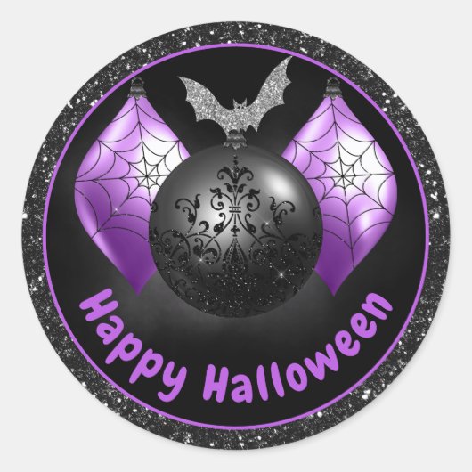 ブラック&パープルグリッターハロウィーンオーナメント ラウンドシール (正面)