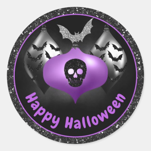 ブラック&パープルグリッターハロウィーンオーナメント ラウンドシール (正面)
