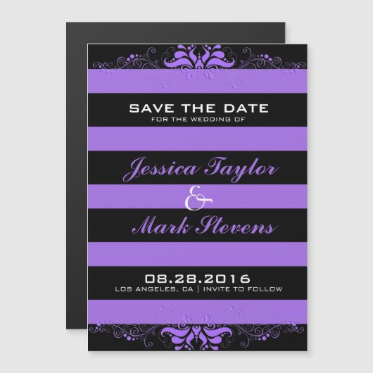 ブラック&パープルストライプ&レースモダンデザイン3 マグネット招待状 (正面/裏面)