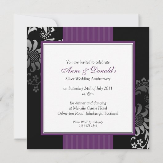 ブラック&パープルダマスク記念日パーティー 招待状 (正面)