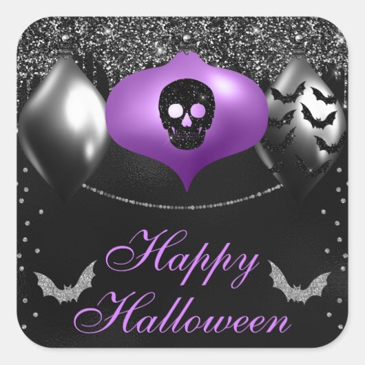 ブラック&パープル不気味オーナメントハッピーハローウィン スクエアシール (正面)