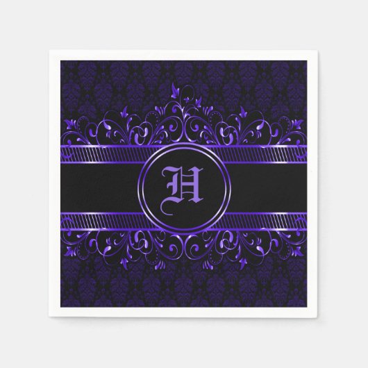ブラック&パープル華美ゴシックモノグラムの スタンダードカクテルナプキン (正面)