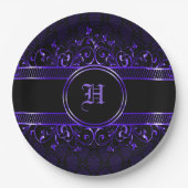 ブラック&パープル華美ゴシックモノグラムの ペーパープレート (正面)