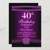 ブラック&パープル40歳の誕生日お祝い 招待状 (正面/裏面)