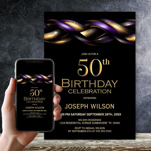 ブラック パープル ゴールド 50歳の誕生日パーティー 招待状