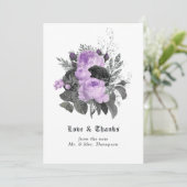 ブラック、パープル、シルバーの花モチーフ ゴシックウェディング サンキューカード (スタンド正面)