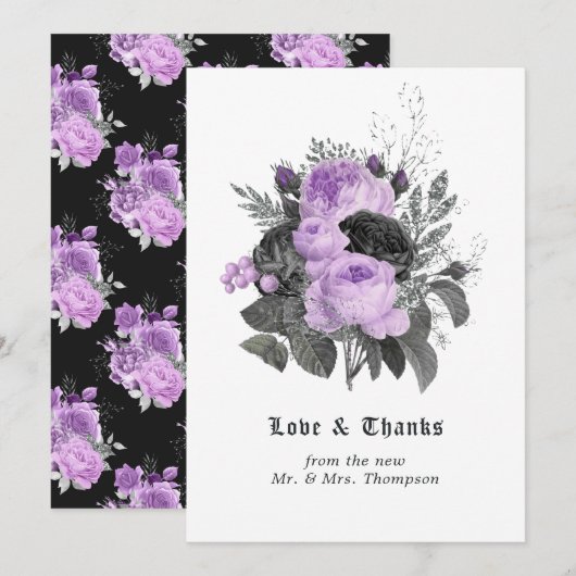 ブラック、パープル、シルバーの花モチーフ ゴシックウェディング サンキューカード (正面/裏面)