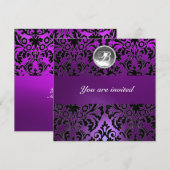 ブラック＆パープル ダマスク ジェム ストーン モノグラム アイス 招待状 (正面/裏面)