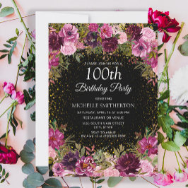 ブラック+パープル+ピンクフラワーのラメ100歳の誕生日 招待状