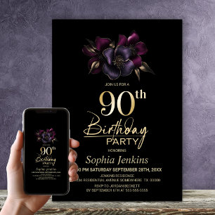 ブラック パープル ピンク フラワーの90歳の誕生日パーティー 招待状