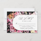 ブラック、ピンクおよび赤面水彩花アーチRSVP 出欠カード (正面)