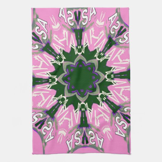 ブラック&ピンクかわいいフローラファッションモティーモモモノグラム キッチンタオル (縦)