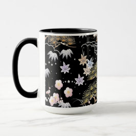 ブラック&ピンクさくらんぼ花の花柄 マグカップ