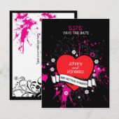 ブラック＆ピンクのグランジィハート ミュージックテーマのウェディング 案内ポストカード (正面/裏面)