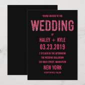 ブラック＆ピンクのグリッター タイポグラフィー ウェディング 招待状 (正面/裏面)