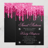 ブラック＆ピンクのドリッピンググリッター スウィートシックスティーン 招待状 (正面/裏面)