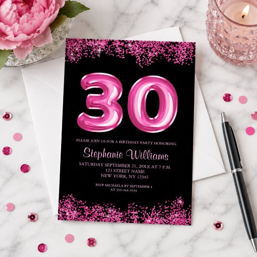 ブラック+ピンクのホイルバルーン 30歳の誕生日パーティー 招待状