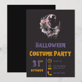 ブラック&ピンクの三日月 モダンブラックハロウィン 招待状 (正面/裏面)
