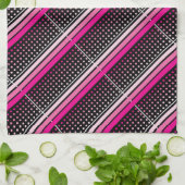 ブラック(ピンクの水玉模様とパターストライプのン) キッチンタオル (折り畳み)