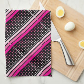 ブラック(ピンクの水玉模様とパターストライプのン) キッチンタオル (四つ折り)