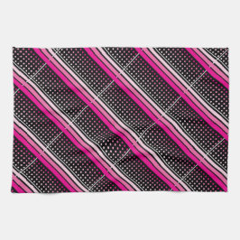 ブラック(ピンクの水玉模様とパターストライプのン) キッチンタオル