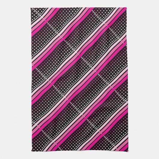 ブラック(ピンクの水玉模様とパターストライプのン) キッチンタオル (縦)