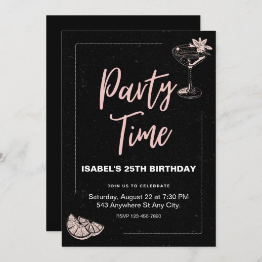 ブラック&ピンクの誕生日パーティーへの招待 招待状 (正面/裏面)