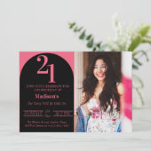 ブラック&ピンクはっきりしたタイポグラフ21歳の誕生日パーティー 招待状 (スタンド正面)