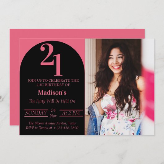 ブラック&ピンクはっきりしたタイポグラフ21歳の誕生日パーティー 招待状 (正面/裏面)