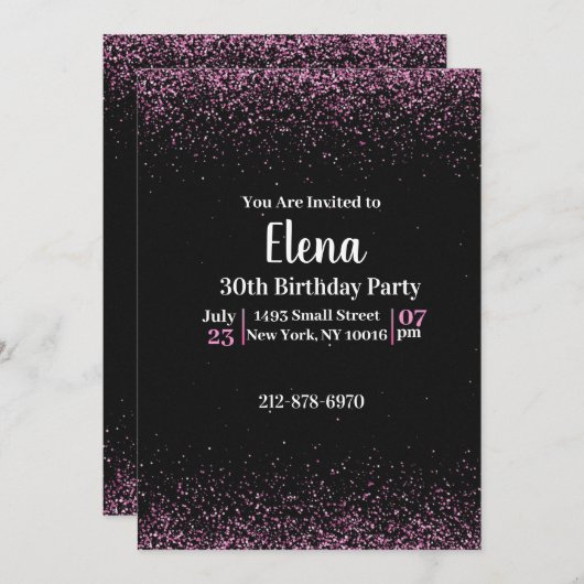 ブラック&ピンクエレガントバースデーパーティー招待状 招待状 (正面/裏面)