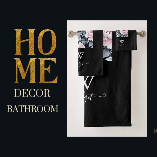 ブラック&ピンクエレガントモダンフローラ バスタオルセット