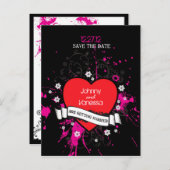 ブラック&ピンクグランギーハート音楽テーマ結婚ズ 案内ポストカード (正面/裏面)