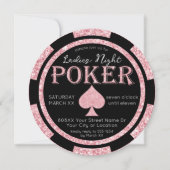 ブラック&ピンクグリッターレディースナイトトランプのポーカーチップ 招待状 (正面)