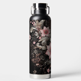 ブラック&ピンクグリッター花 ウォーターボトル