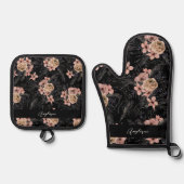 ブラック&ピンクシック不気味ハロウィーンの名前 鍋つかみ&鍋敷きセット (正面)